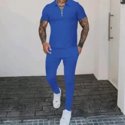 Sale OUKU Men's T-shirt Suits Shirt and Pant Sets 2 Pieces Outfits Short Sleeve Quarter Zip Summer Plain Fashion Casual 2 Piece Vacation Daily Wear Going out Black White Royal Blue Top Tee for Men