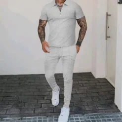 Sale OUKU Men's T-shirt Suits Shirt and Pant Sets 2 Pieces Outfits Short Sleeve Quarter Zip Summer Plain Fashion Casual 2 Piece Vacation Daily Wear Going out Black White Royal Blue Top Tee for Men