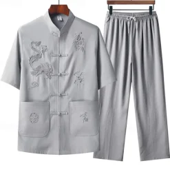 Clearance OUKU Men's T-shirt Suits Shirt and Pant Sets 2 Pieces Outfits Short Sleeve Standing Collar Summer Dragon Fashion Chinese Style Casual Embroidered 2 Piece Vacation Daily Wear Going out Yellow Red Navy Blue
