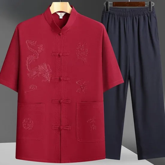 Clearance OUKU Men's T-shirt Suits Shirt and Pant Sets 2 Pieces Outfits Short Sleeve Standing Collar Summer Dragon Fashion Chinese Style Casual Embroidered 2 Piece Vacation Daily Wear Going out Yellow Red Navy Blue