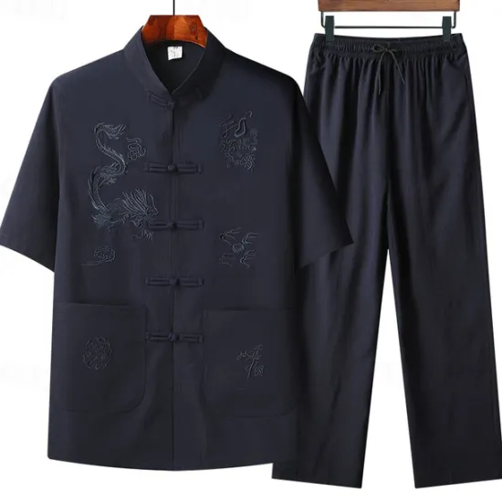 Clearance OUKU Men's T-shirt Suits Shirt and Pant Sets 2 Pieces Outfits Short Sleeve Standing Collar Summer Dragon Fashion Chinese Style Casual Embroidered 2 Piece Vacation Daily Wear Going out Yellow Red Navy Blue