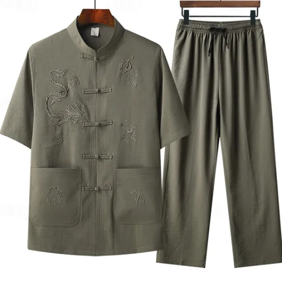 Clearance OUKU Men's T-shirt Suits Shirt and Pant Sets 2 Pieces Outfits Short Sleeve Standing Collar Summer Dragon Fashion Chinese Style Casual Embroidered 2 Piece Vacation Daily Wear Going out Yellow Red Navy Blue