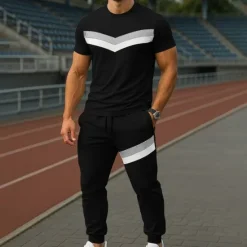OUKU Men's T-shirt Suits Shirt and Pant Sets 2 Pieces Outfits Short Sleeve Crewneck Summer Color Block Fashion Casual Patchwork 2 Piece Vacation Daily Wear Going out Black Gray Top Tee for Men