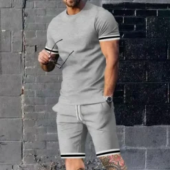 New OUKU Men's T-shirt Suits Shorts and T Shirt Set 2 Pieces Outfits Short Sleeve Crew Neck Summer Color Block Stripes Fashion Casual 2 Piece Vacation Daily Wear Going out Black Red Navy Blue Top Tee for Men