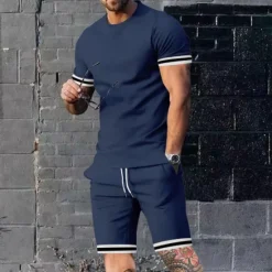 New OUKU Men's T-shirt Suits Shorts and T Shirt Set 2 Pieces Outfits Short Sleeve Crew Neck Summer Color Block Stripes Fashion Casual 2 Piece Vacation Daily Wear Going out Black Red Navy Blue Top Tee for Men