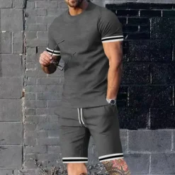 New OUKU Men's T-shirt Suits Shorts and T Shirt Set 2 Pieces Outfits Short Sleeve Crew Neck Summer Color Block Stripes Fashion Casual 2 Piece Vacation Daily Wear Going out Black Red Navy Blue Top Tee for Men