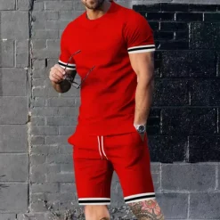 New OUKU Men's T-shirt Suits Shorts and T Shirt Set 2 Pieces Outfits Short Sleeve Crew Neck Summer Color Block Stripes Fashion Casual 2 Piece Vacation Daily Wear Going out Black Red Navy Blue Top Tee for Men