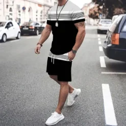 Discount OUKU Men's T-shirt Suits Tee & Drawstring Waist Shorts 2 Pieces Outfits Tee & Shorts Short Sleeve Crewneck Summer Color Block Stripes Fashion Casual 2 Piece Vacation Daily Wear Going out Black Green Red