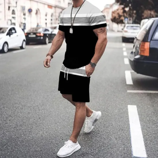 Discount OUKU Men's T-shirt Suits Tee & Drawstring Waist Shorts 2 Pieces Outfits Tee & Shorts Short Sleeve Crewneck Summer Color Block Stripes Fashion Casual 2 Piece Vacation Daily Wear Going out Black Green Red