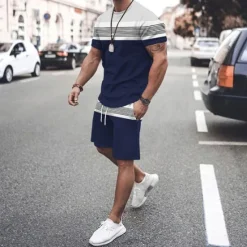Discount OUKU Men's T-shirt Suits Tee & Drawstring Waist Shorts 2 Pieces Outfits Tee & Shorts Short Sleeve Crewneck Summer Color Block Stripes Fashion Casual 2 Piece Vacation Daily Wear Going out Black Green Red