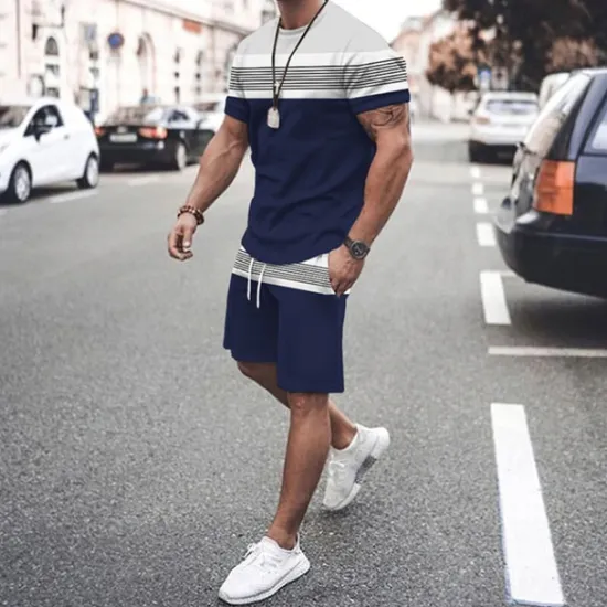 Discount OUKU Men's T-shirt Suits Tee & Drawstring Waist Shorts 2 Pieces Outfits Tee & Shorts Short Sleeve Crewneck Summer Color Block Stripes Fashion Casual 2 Piece Vacation Daily Wear Going out Black Green Red