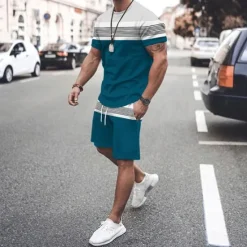 Discount OUKU Men's T-shirt Suits Tee & Drawstring Waist Shorts 2 Pieces Outfits Tee & Shorts Short Sleeve Crewneck Summer Color Block Stripes Fashion Casual 2 Piece Vacation Daily Wear Going out Black Green Red