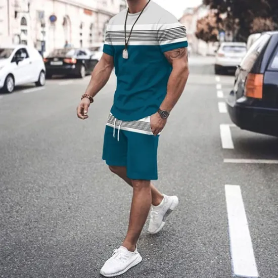 Discount OUKU Men's T-shirt Suits Tee & Drawstring Waist Shorts 2 Pieces Outfits Tee & Shorts Short Sleeve Crewneck Summer Color Block Stripes Fashion Casual 2 Piece Vacation Daily Wear Going out Black Green Red