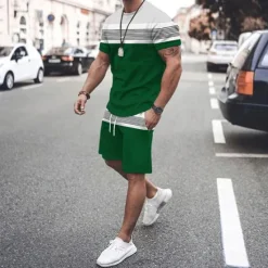 Discount OUKU Men's T-shirt Suits Tee & Drawstring Waist Shorts 2 Pieces Outfits Tee & Shorts Short Sleeve Crewneck Summer Color Block Stripes Fashion Casual 2 Piece Vacation Daily Wear Going out Black Green Red