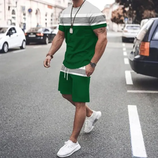 Discount OUKU Men's T-shirt Suits Tee & Drawstring Waist Shorts 2 Pieces Outfits Tee & Shorts Short Sleeve Crewneck Summer Color Block Stripes Fashion Casual 2 Piece Vacation Daily Wear Going out Black Green Red