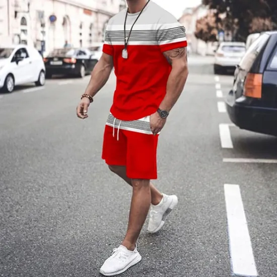 Discount OUKU Men's T-shirt Suits Tee & Drawstring Waist Shorts 2 Pieces Outfits Tee & Shorts Short Sleeve Crewneck Summer Color Block Stripes Fashion Casual 2 Piece Vacation Daily Wear Going out Black Green Red