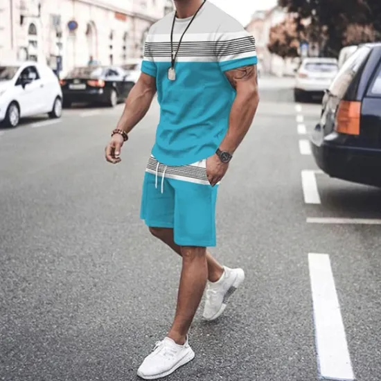 Discount OUKU Men's T-shirt Suits Tee & Drawstring Waist Shorts 2 Pieces Outfits Tee & Shorts Short Sleeve Crewneck Summer Color Block Stripes Fashion Casual 2 Piece Vacation Daily Wear Going out Black Green Red