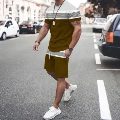 Discount OUKU Men's T-shirt Suits Tee & Drawstring Waist Shorts 2 Pieces Outfits Tee & Shorts Short Sleeve Crewneck Summer Color Block Stripes Fashion Casual 2 Piece Vacation Daily Wear Going out Black Green Red