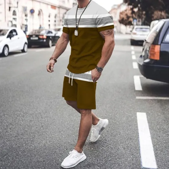 Discount OUKU Men's T-shirt Suits Tee & Drawstring Waist Shorts 2 Pieces Outfits Tee & Shorts Short Sleeve Crewneck Summer Color Block Stripes Fashion Casual 2 Piece Vacation Daily Wear Going out Black Green Red