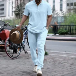 Discount OUKU Men's T-shirt Suits Tee & Drawstring Waist Pants 2 Pieces Outfits Short Sleeve Henley Summer Plain Fashion Casual 2 Piece Vacation Daily Wear Going out Black White Royal Blue Top Tee for Men