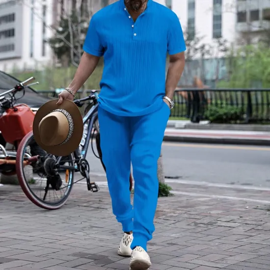 Discount OUKU Men's T-shirt Suits Tee & Drawstring Waist Pants 2 Pieces Outfits Short Sleeve Henley Summer Plain Fashion Casual 2 Piece Vacation Daily Wear Going out Black White Royal Blue Top Tee for Men