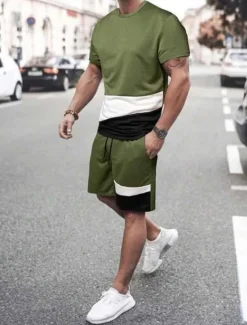 Discount OUKU Men's T-shirt Suits Tee & Drawstring Waist Pants Short Sleeves Crew Neck Summer Gymnatics Casual Color Block Street Style Vacation Daily Wear Activewear Army Green Black Yellow Top Tee for Men