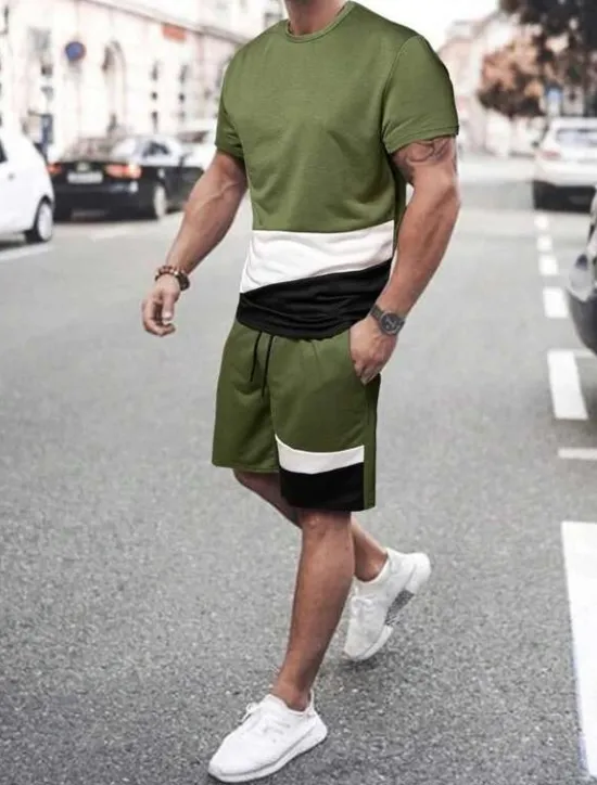 Discount OUKU Men's T-shirt Suits Tee & Drawstring Waist Pants Short Sleeves Crew Neck Summer Gymnatics Casual Color Block Street Style Vacation Daily Wear Activewear Army Green Black Yellow Top Tee for Men