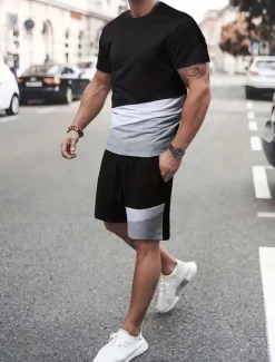 Discount OUKU Men's T-shirt Suits Tee & Drawstring Waist Pants Short Sleeves Crew Neck Summer Gymnatics Casual Color Block Street Style Vacation Daily Wear Activewear Army Green Black Yellow Top Tee for Men