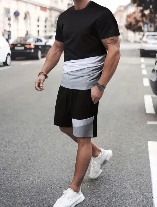 Discount OUKU Men's T-shirt Suits Tee & Drawstring Waist Pants Short Sleeves Crew Neck Summer Gymnatics Casual Color Block Street Style Vacation Daily Wear Activewear Army Green Black Yellow Top Tee for Men