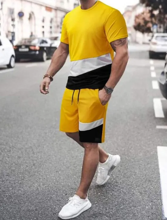 Discount OUKU Men's T-shirt Suits Tee & Drawstring Waist Pants Short Sleeves Crew Neck Summer Gymnatics Casual Color Block Street Style Vacation Daily Wear Activewear Army Green Black Yellow Top Tee for Men