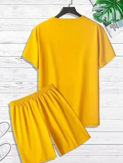 Discount OUKU Men's T-shirt Suits Tee & Drawstring Waist Pants Short Sleeves Crew Neck Summer Gymnatics Casual Color Block Street Style Vacation Daily Wear Activewear Army Green Black Yellow Top Tee for Men