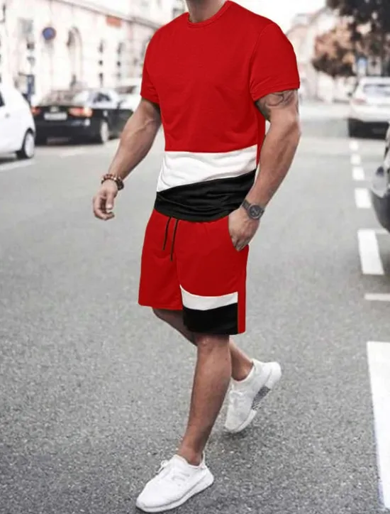 Discount OUKU Men's T-shirt Suits Tee & Drawstring Waist Pants Short Sleeves Crew Neck Summer Gymnatics Casual Color Block Street Style Vacation Daily Wear Activewear Army Green Black Yellow Top Tee for Men