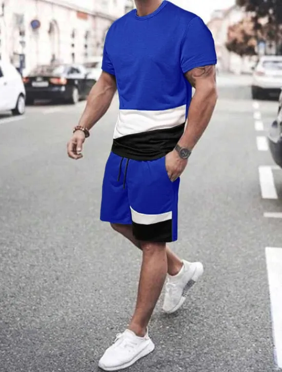 Discount OUKU Men's T-shirt Suits Tee & Drawstring Waist Pants Short Sleeves Crew Neck Summer Gymnatics Casual Color Block Street Style Vacation Daily Wear Activewear Army Green Black Yellow Top Tee for Men