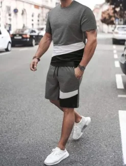 Discount OUKU Men's T-shirt Suits Tee & Drawstring Waist Pants Short Sleeves Crew Neck Summer Gymnatics Casual Color Block Street Style Vacation Daily Wear Activewear Army Green Black Yellow Top Tee for Men