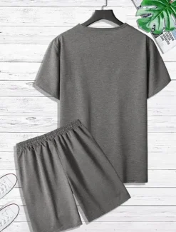 Discount OUKU Men's T-shirt Suits Tee & Drawstring Waist Pants Short Sleeves Crew Neck Summer Gymnatics Casual Color Block Street Style Vacation Daily Wear Activewear Army Green Black Yellow Top Tee for Men
