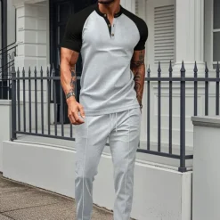 Clearance OUKU Men's T-shirt Suits Tees and Drawstring Long Pants 2 Pieces Outfits Short Sleeve Henley Summer Spring Color Block Fashion Casual 2 Piece Vacation Daily Wear Going out Wine Green Khaki Top Tee for Men