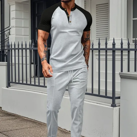 Clearance OUKU Men's T-shirt Suits Tees and Drawstring Long Pants 2 Pieces Outfits Short Sleeve Henley Summer Spring Color Block Fashion Casual 2 Piece Vacation Daily Wear Going out Wine Green Khaki Top Tee for Men