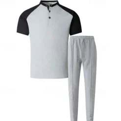 Clearance OUKU Men's T-shirt Suits Tees and Drawstring Long Pants 2 Pieces Outfits Short Sleeve Henley Summer Spring Color Block Fashion Casual 2 Piece Vacation Daily Wear Going out Wine Green Khaki Top Tee for Men