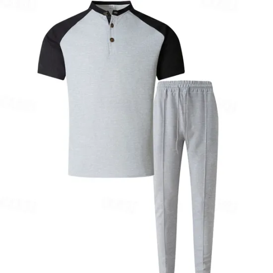Clearance OUKU Men's T-shirt Suits Tees and Drawstring Long Pants 2 Pieces Outfits Short Sleeve Henley Summer Spring Color Block Fashion Casual 2 Piece Vacation Daily Wear Going out Wine Green Khaki Top Tee for Men