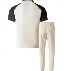 Clearance OUKU Men's T-shirt Suits Tees and Drawstring Long Pants 2 Pieces Outfits Short Sleeve Henley Summer Spring Color Block Fashion Casual 2 Piece Vacation Daily Wear Going out Wine Green Khaki Top Tee for Men