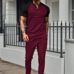 Clearance OUKU Men's T-shirt Suits Tees and Drawstring Long Pants 2 Pieces Outfits Short Sleeve Henley Summer Spring Color Block Fashion Casual 2 Piece Vacation Daily Wear Going out Wine Green Khaki Top Tee for Men