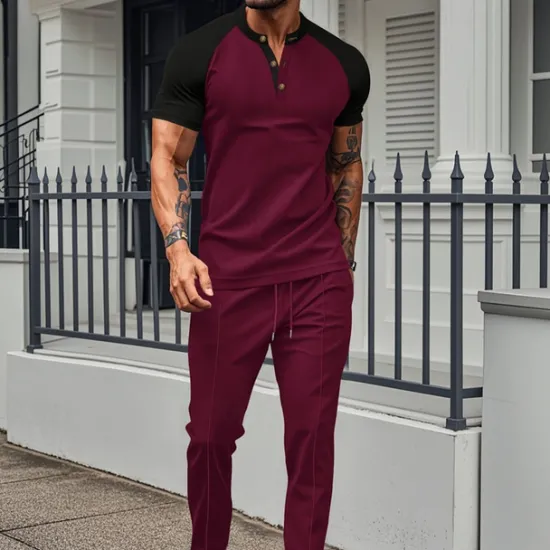 Clearance OUKU Men's T-shirt Suits Tees and Drawstring Long Pants 2 Pieces Outfits Short Sleeve Henley Summer Spring Color Block Fashion Casual 2 Piece Vacation Daily Wear Going out Wine Green Khaki Top Tee for Men