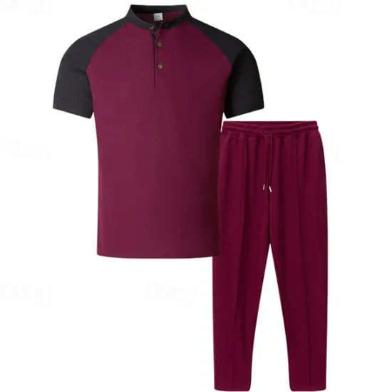 Clearance OUKU Men's T-shirt Suits Tees and Drawstring Long Pants 2 Pieces Outfits Short Sleeve Henley Summer Spring Color Block Fashion Casual 2 Piece Vacation Daily Wear Going out Wine Green Khaki Top Tee for Men