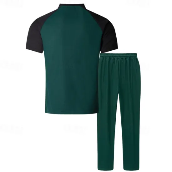 Clearance OUKU Men's T-shirt Suits Tees and Drawstring Long Pants 2 Pieces Outfits Short Sleeve Henley Summer Spring Color Block Fashion Casual 2 Piece Vacation Daily Wear Going out Wine Green Khaki Top Tee for Men