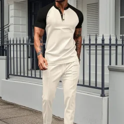 Clearance OUKU Men's T-shirt Suits Tees and Drawstring Long Pants 2 Pieces Outfits Short Sleeve Henley Summer Spring Color Block Fashion Casual 2 Piece Vacation Daily Wear Going out Wine Green Khaki Top Tee for Men