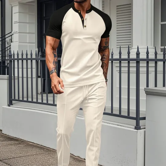 Clearance OUKU Men's T-shirt Suits Tees and Drawstring Long Pants 2 Pieces Outfits Short Sleeve Henley Summer Spring Color Block Fashion Casual 2 Piece Vacation Daily Wear Going out Wine Green Khaki Top Tee for Men