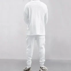 Outlet OUKU Men's T-shirt Suits Tracksuit Tees and Drawstring Long Pants Long Sleeve V Neck Spring & Fall Plain Gymnatics Casual 2 Piece Knitting Vacation Daily Wear Activewear Black White Navy Blue Top Tee for