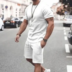 Best OUKU Men's T-shirt Suits Tracksuit Tennis Shirt Shorts and T Shirt Set Short Sleeve Crew Neck Summer Spring Solid Colored Sports Designer Sportswear Drawstring 2 Piece Outdoor Street Daily Black White Pink