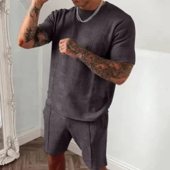 Discount OUKU Men's T-shirt Suits Tracksuit Tennis Shirt Shorts and T Shirt Set Short Sleeves Crew Neck Summer Plaid Gymnatics Casual 2 Piece Vacation Daily Wear Activewear Black Blue Dark Green Top Tee for Men