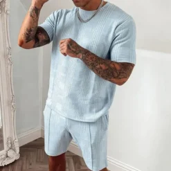 Discount OUKU Men's T-shirt Suits Tracksuit Tennis Shirt Shorts and T Shirt Set Short Sleeves Crew Neck Summer Plaid Gymnatics Casual 2 Piece Vacation Daily Wear Activewear Black Blue Dark Green Top Tee for Men